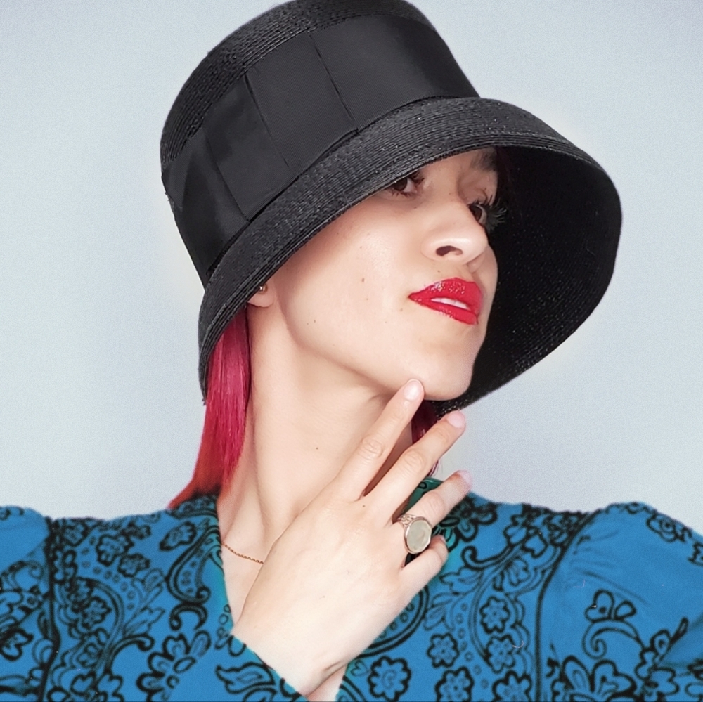 Frank Olive | Black Straw Bucket Hat / High Crown Size S